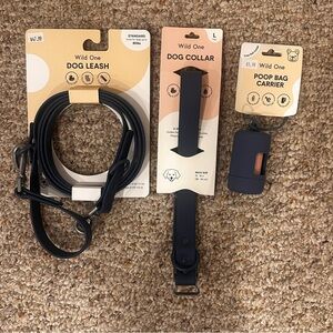 Wild One Black Dog Leash, Collar, and Poop Bag Carrier Set